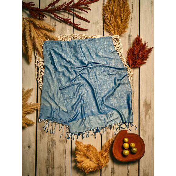 Pashmina Cashmere Silk Scarf Shawl-Blue Paisley-Fringe-Lightweight-Wedding-Wrap - Picture 1 of 7